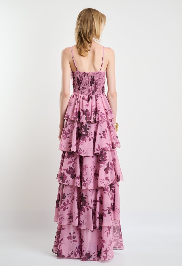 Floral maxi dress with spaghetti straps and ruffle details