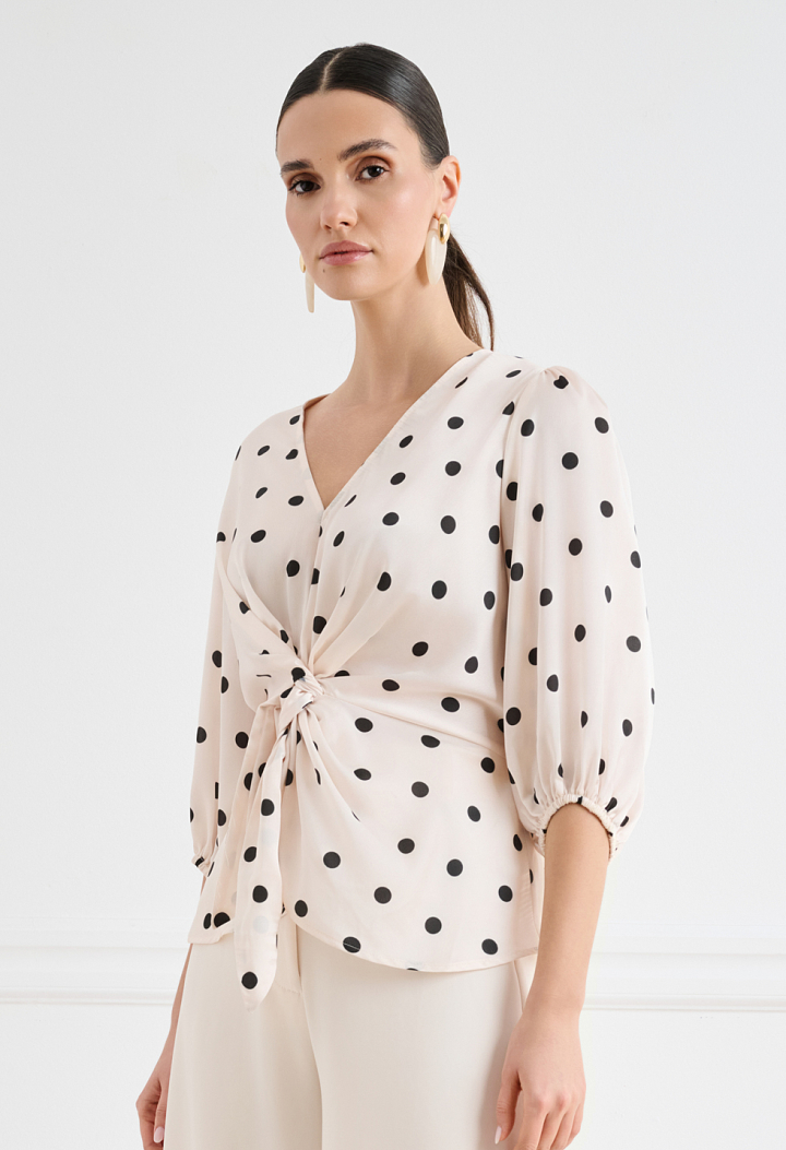 Satin polka-dot wrap top with tie fastening