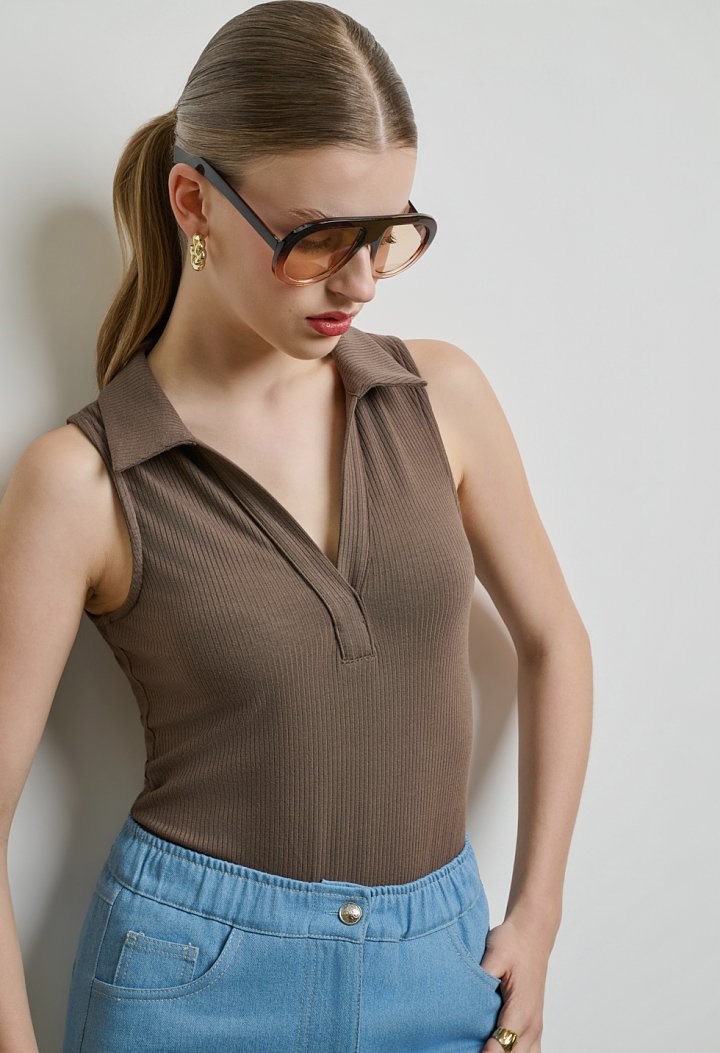 Bodysuit with a collar and V-neckline