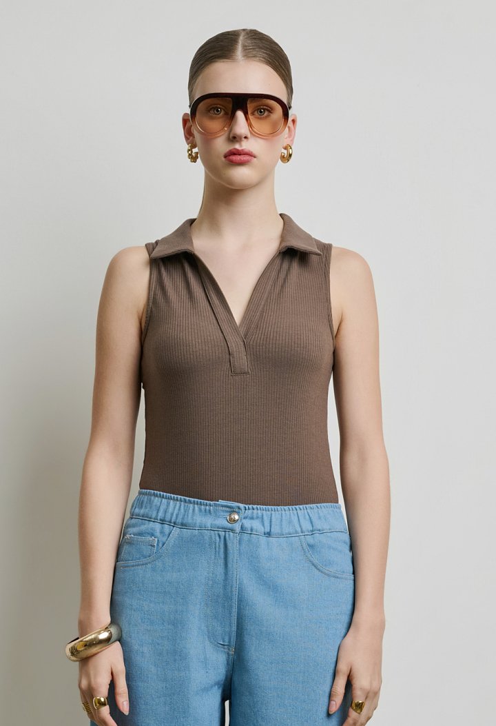 Bodysuit with a collar and V-neckline