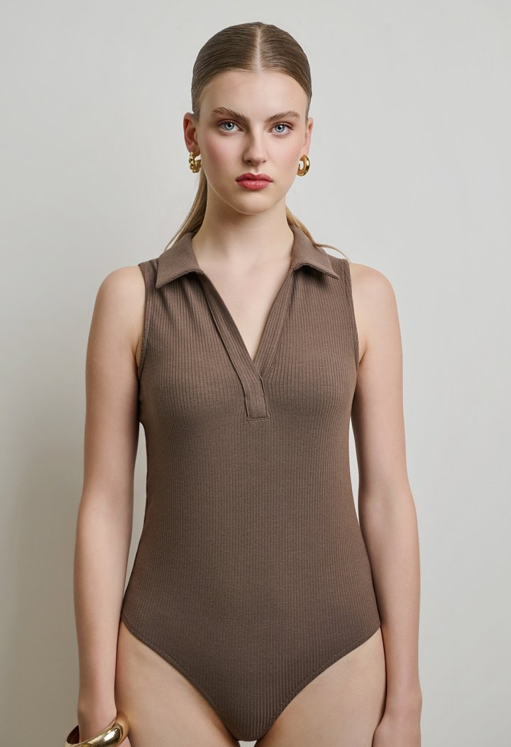 Bodysuit with a collar and V-neckline
