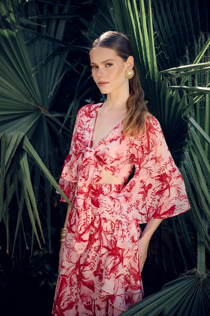 Floral tie-front top με βολάν στα μανίκια