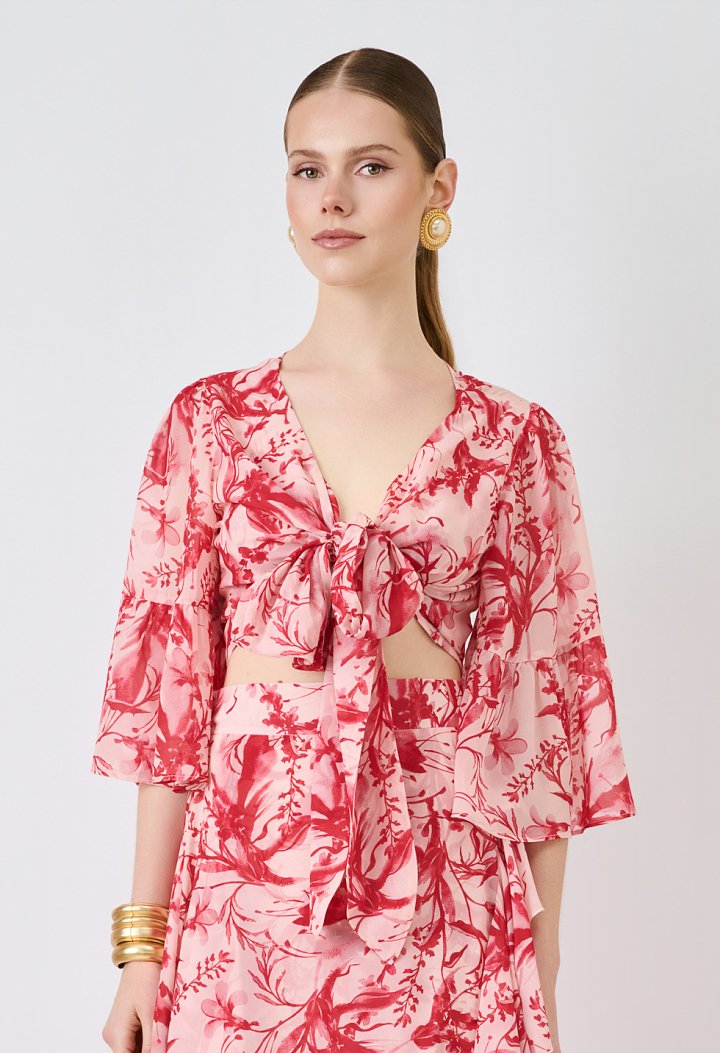 Floral tie-front top με βολάν στα μανίκια