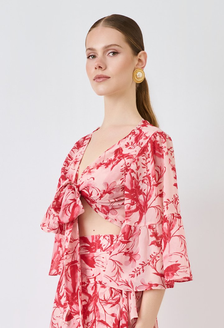 Floral tie-front top με βολάν στα μανίκια
