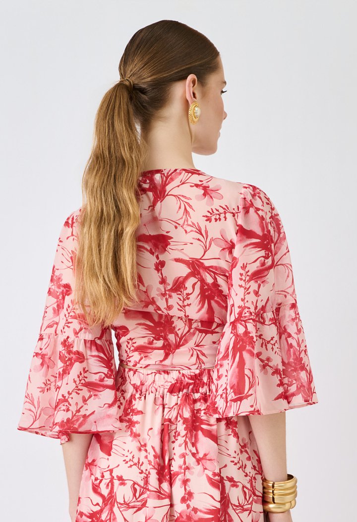 Floral tie-front top με βολάν στα μανίκια