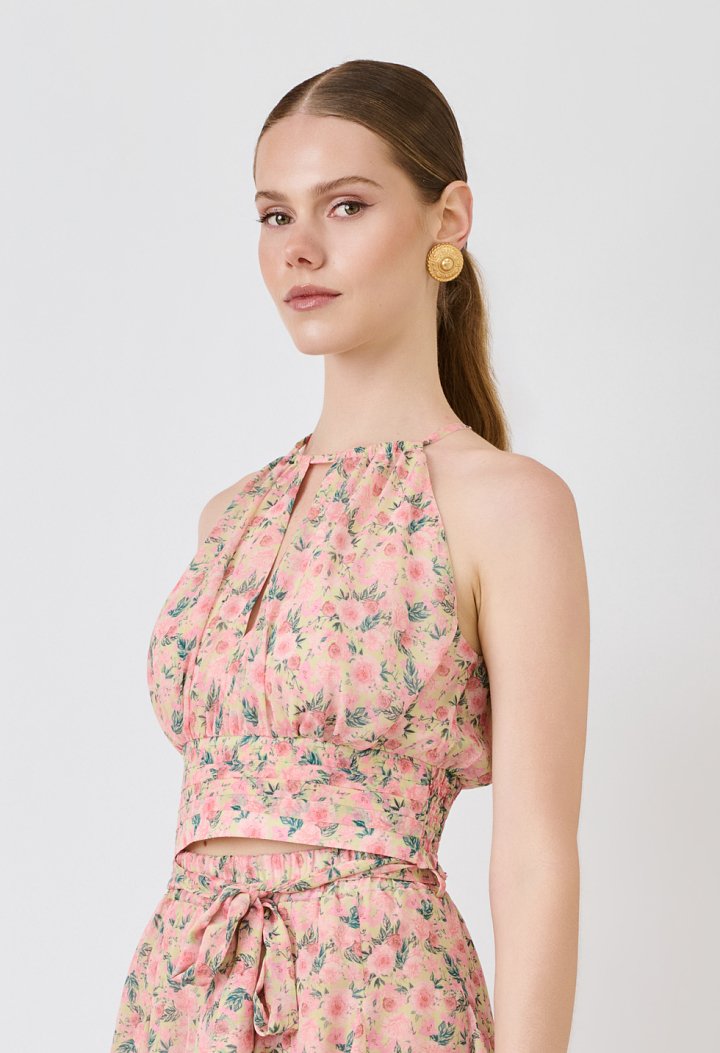 Floral halter crop top with ruching
