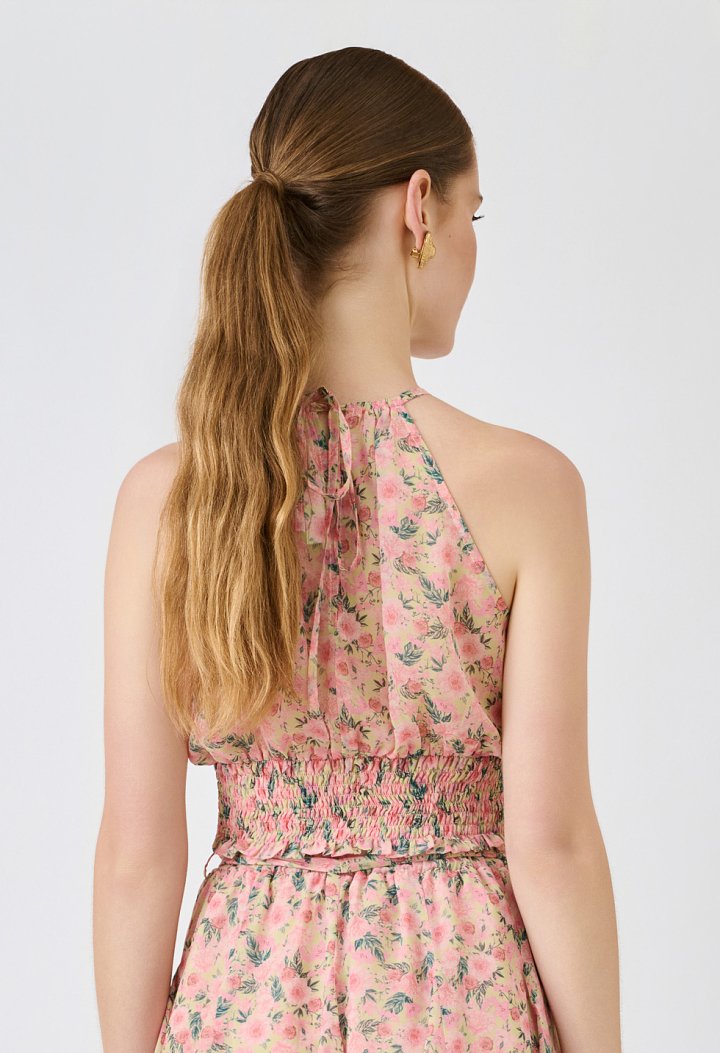 Floral halter crop top with ruching