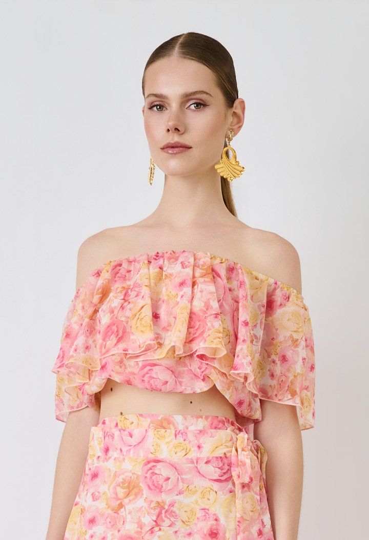 Floral off-shoulder crop top with ruffles