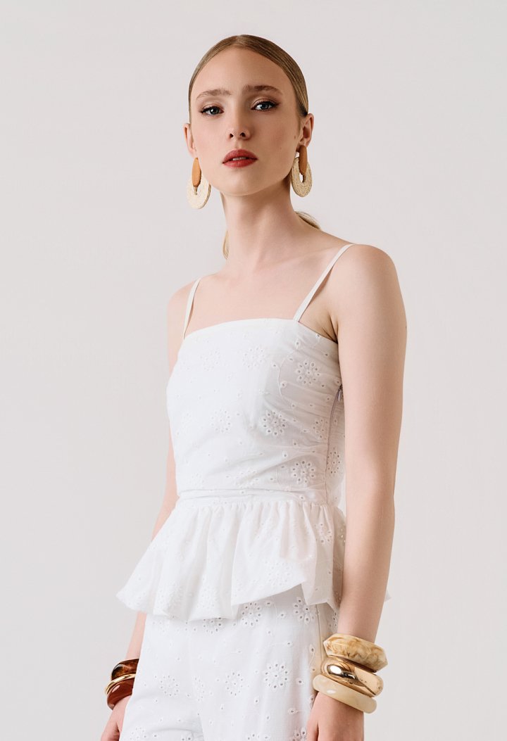 Broderie peplum top με ρυθμιζόμενες τιράντες