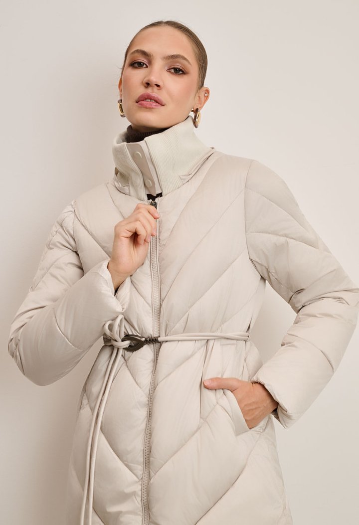 Long jacket with a belt and hood