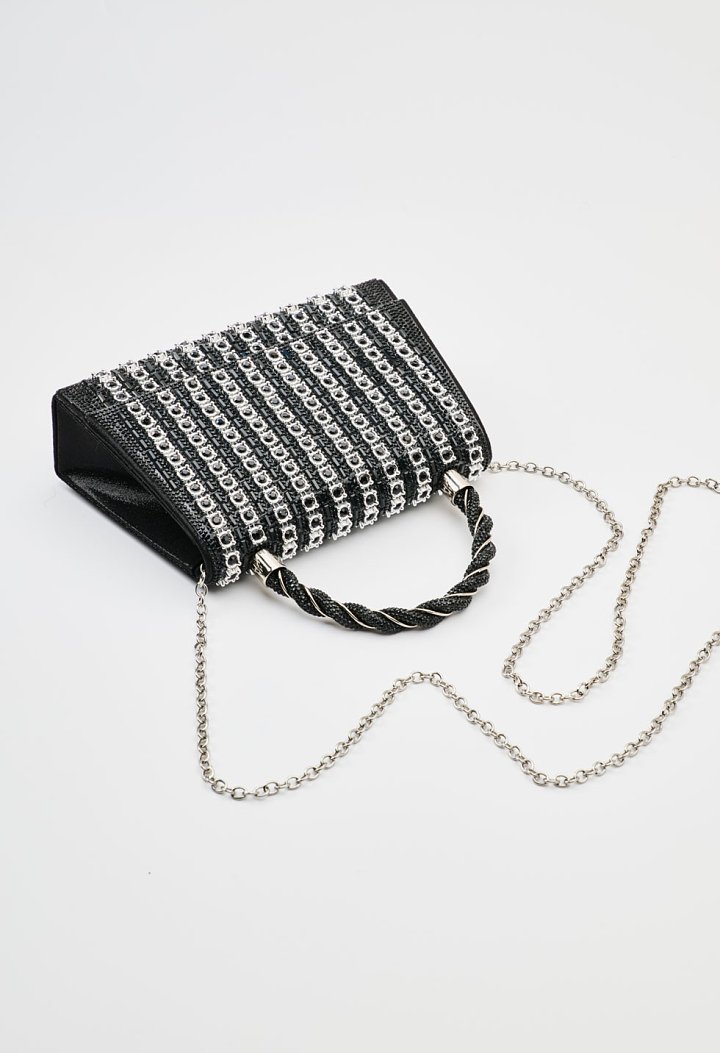 Evening pouch with stones and crocheted handle
