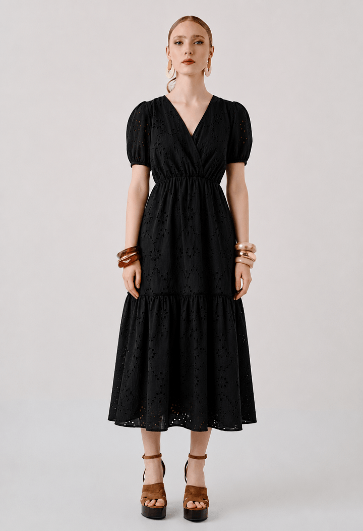 Midi φόρεμα broderie με puff μανίκια