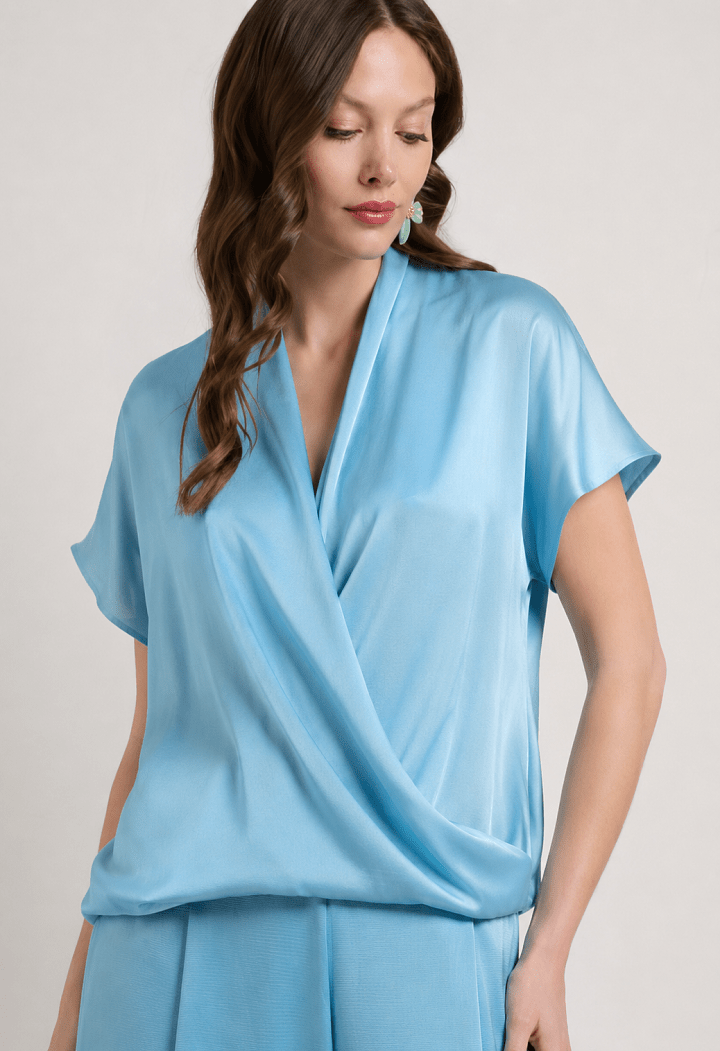 Short-sleeved satin wrap blouse