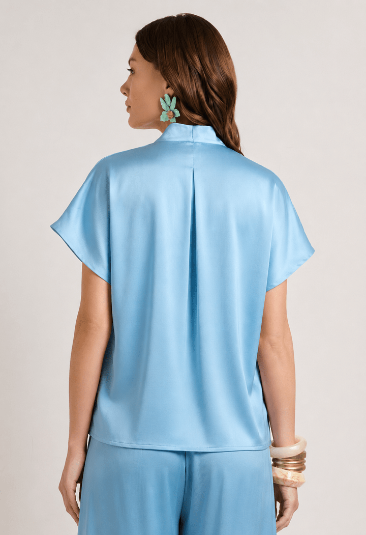 Short-sleeved satin wrap blouse