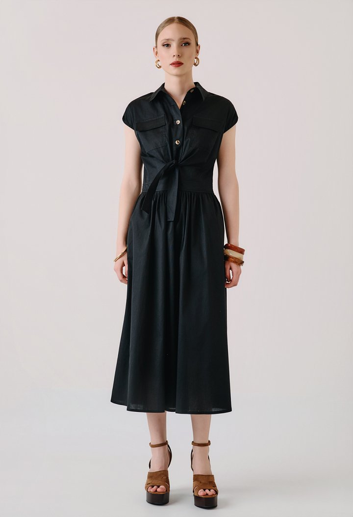 Poplin midi dress with belt