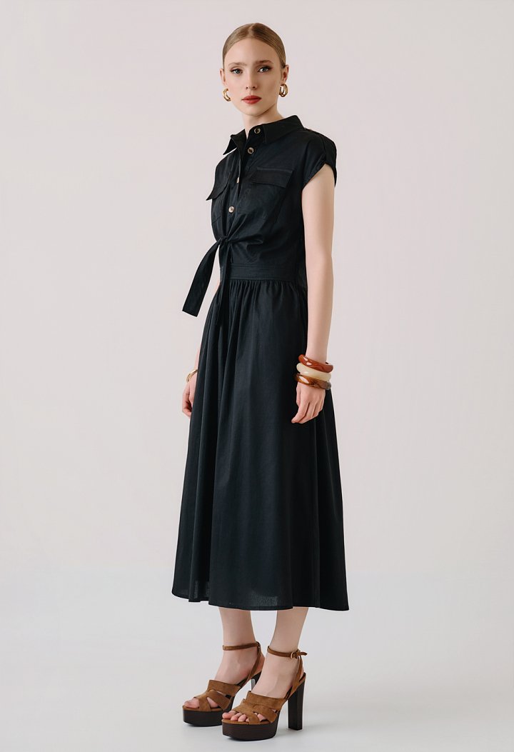 Poplin midi dress with belt