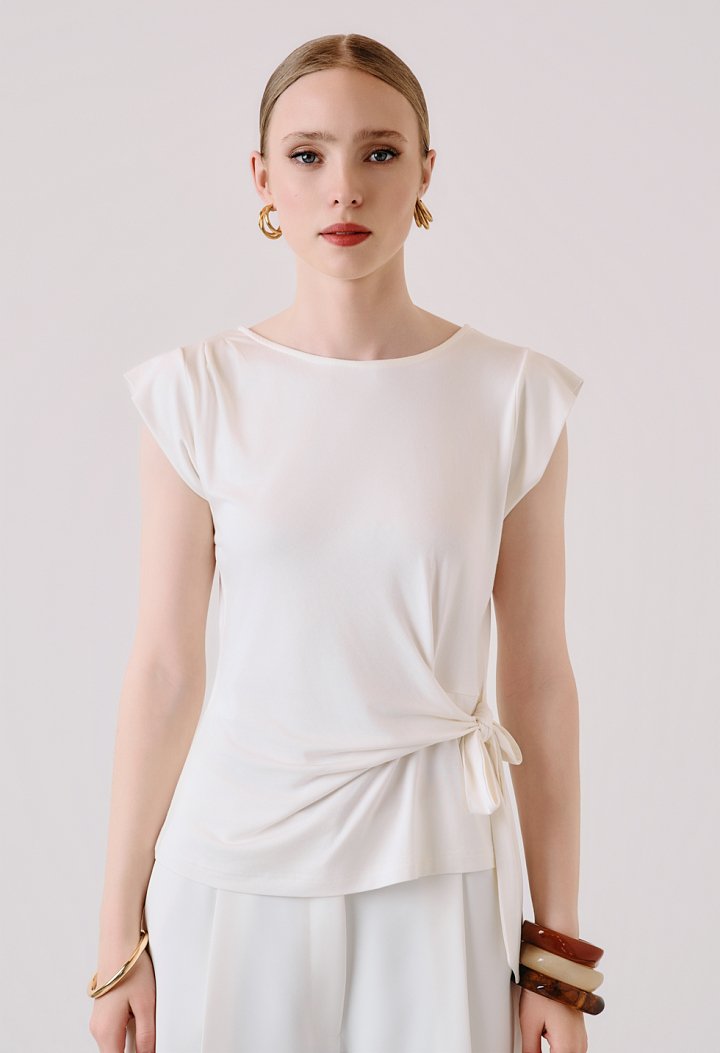 Blouse with side tie and ruching