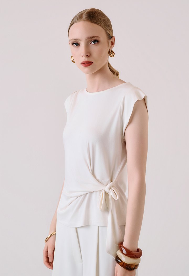 Blouse with side tie and ruching