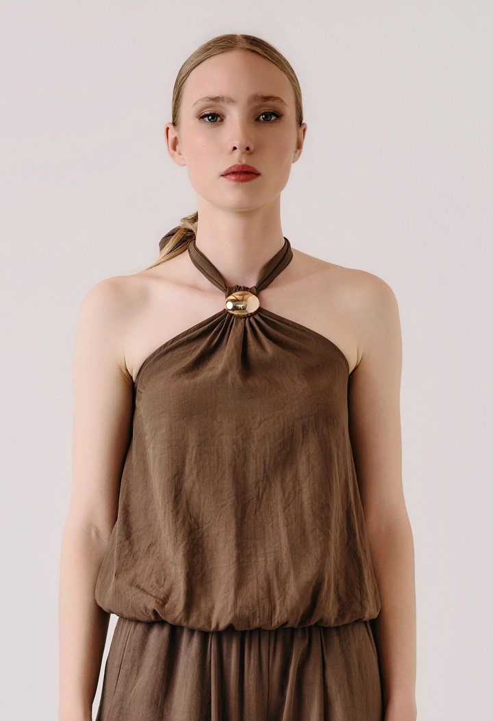 Halter top with tie fastening and metallic detail