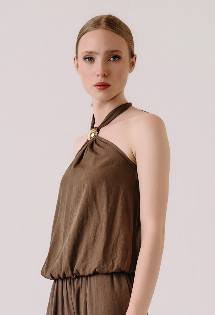 Halter top with tie fastening and metallic detail