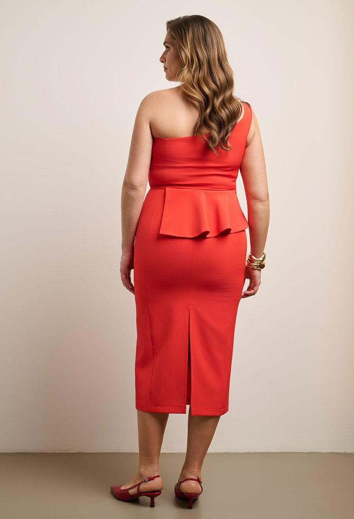 One-shoulder midi dress with peplum