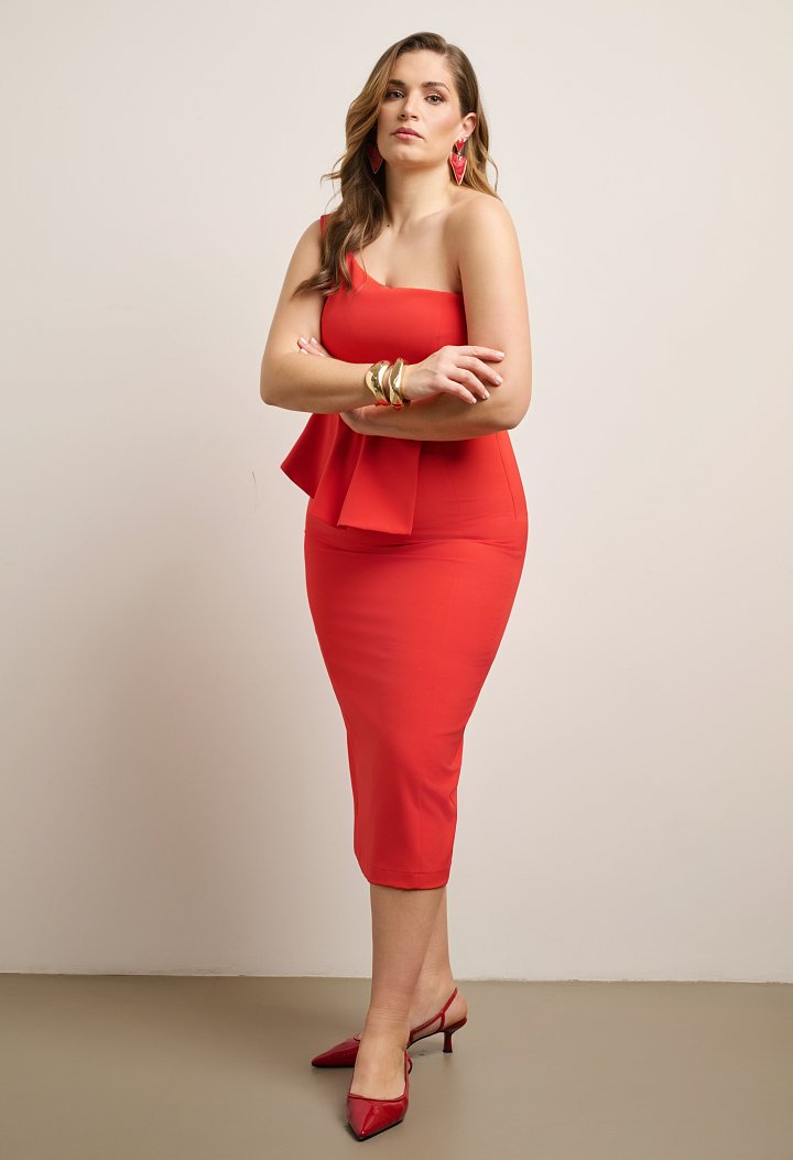 One-shoulder midi dress with peplum