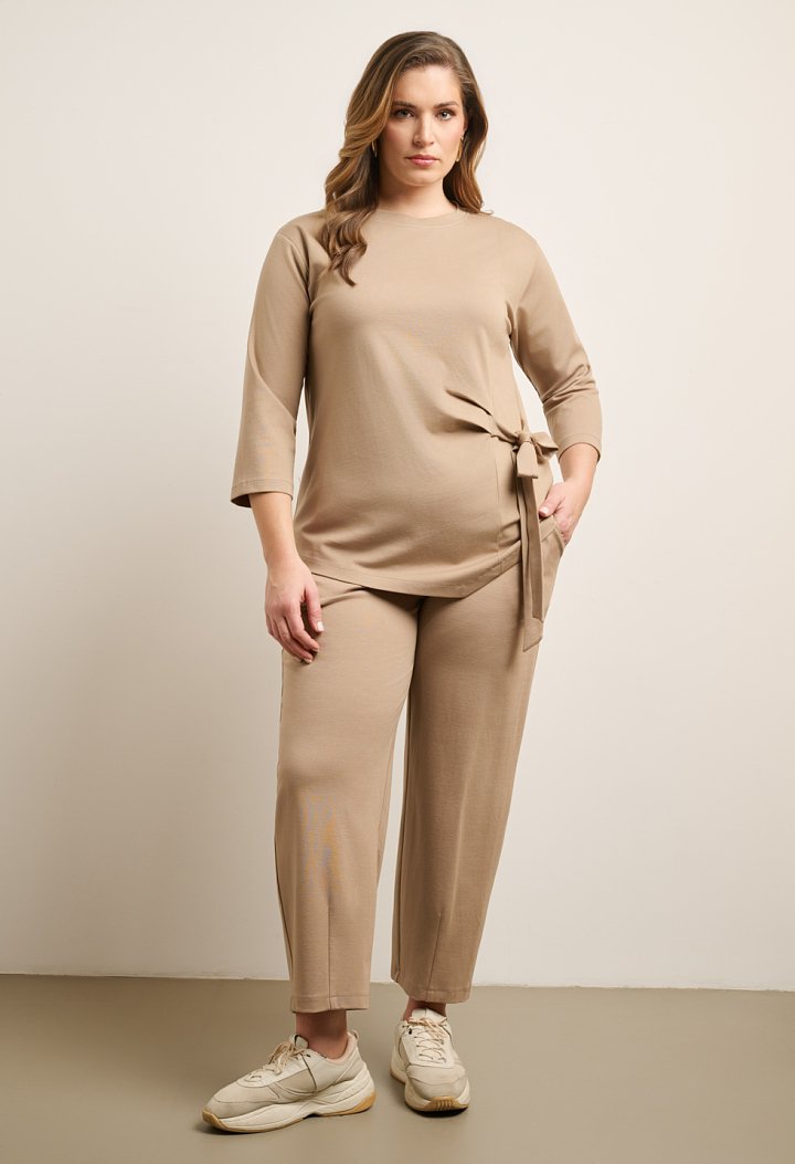 Tie-front blouse and barrel-leg trousers set