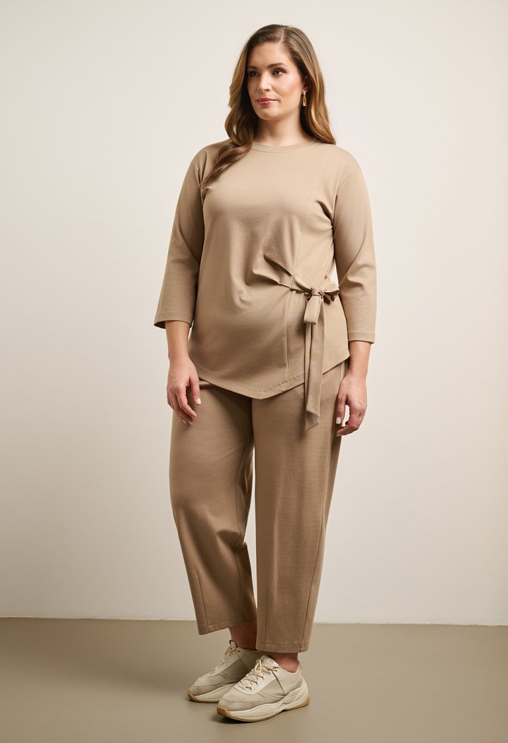 Tie-front blouse and barrel-leg trousers set