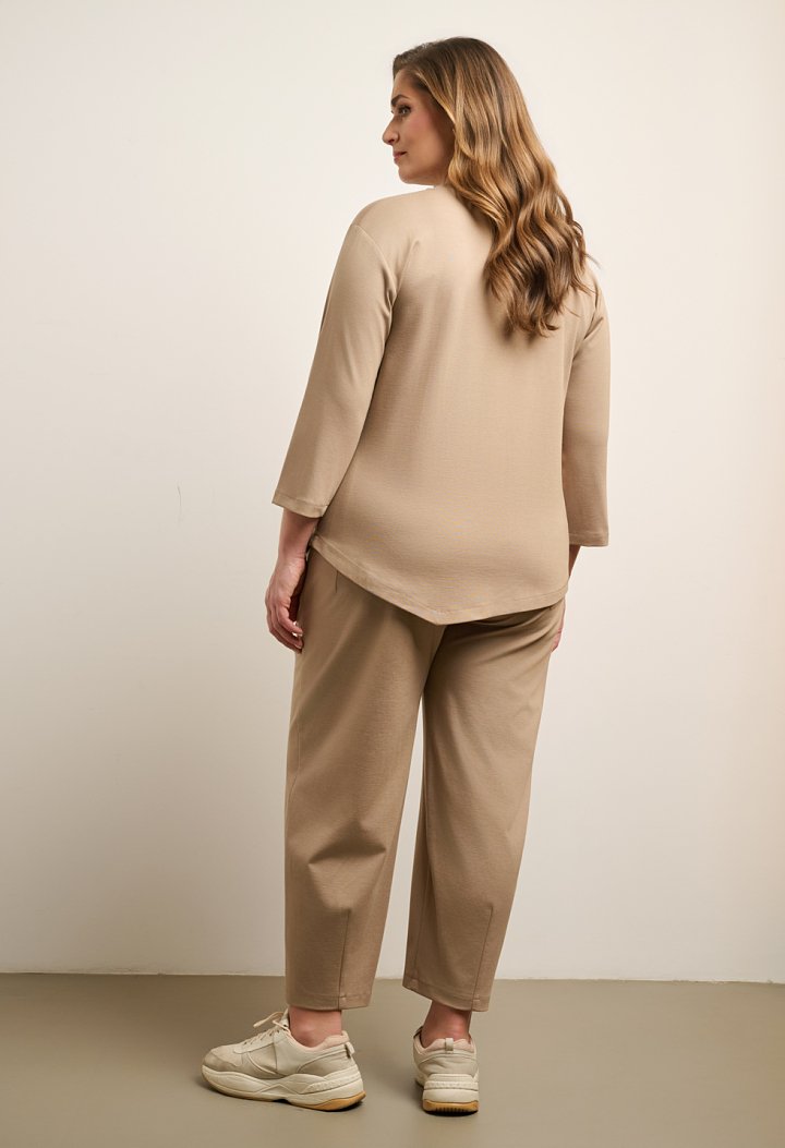 Tie-front blouse and barrel-leg trousers set