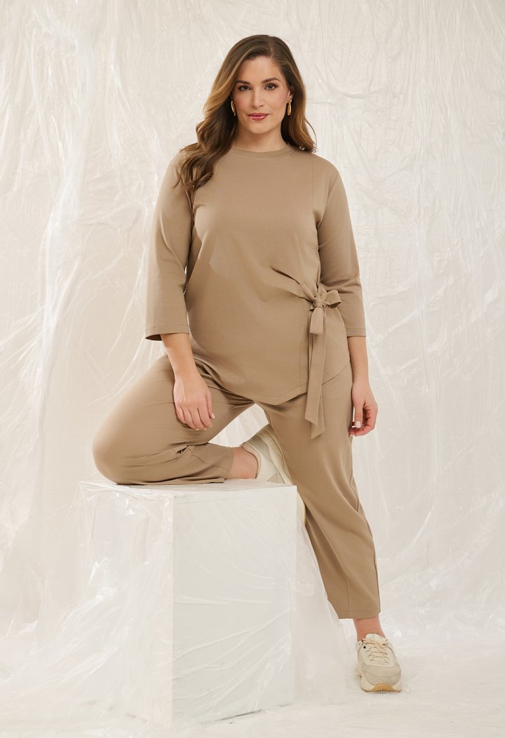 Tie-front blouse and barrel-leg trousers set