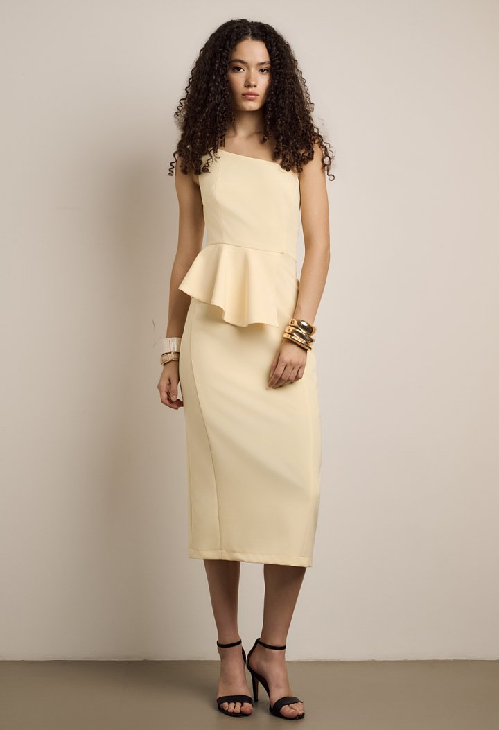 One-shoulder midi dress with peplum