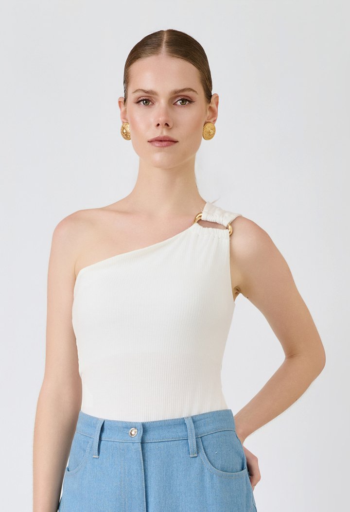Asymmetric bodysuit with a metallic detail