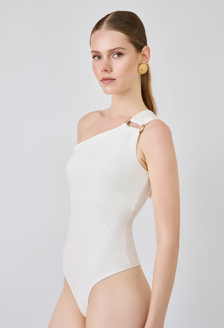 Asymmetric bodysuit with a metallic detail