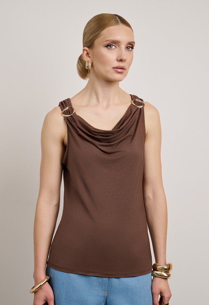 Sleeveless draped top with metallic details