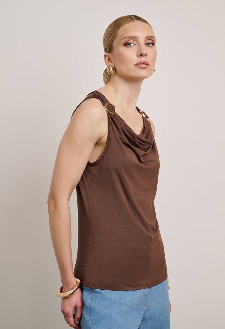 Sleeveless draped top with metallic details