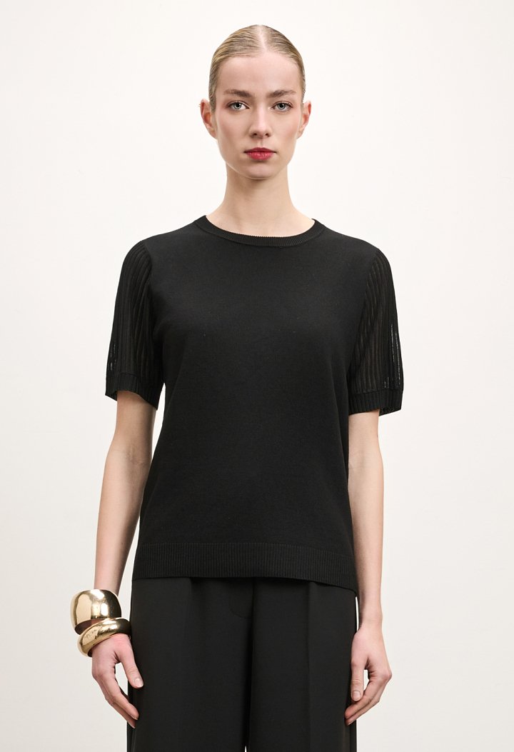 Knit top with sheer sleeves