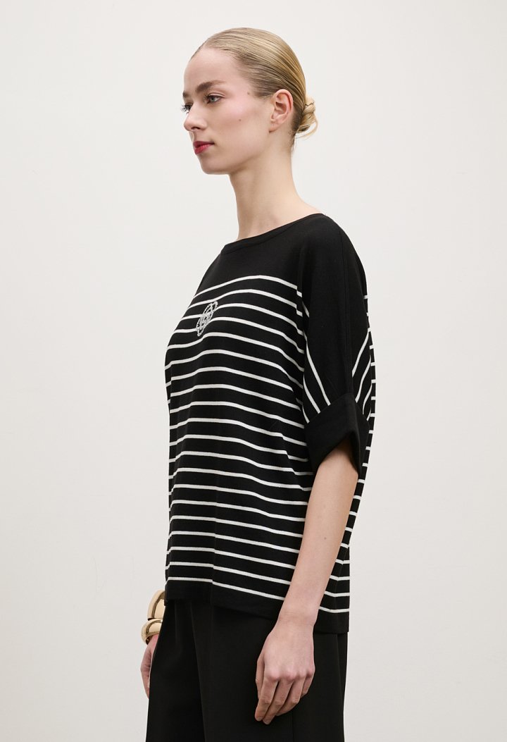 Striped blouse with a rhinestone flower design