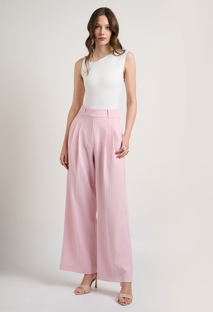 Pink striped trousers with pleats