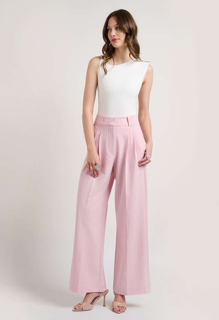 Pink striped trousers with pleats