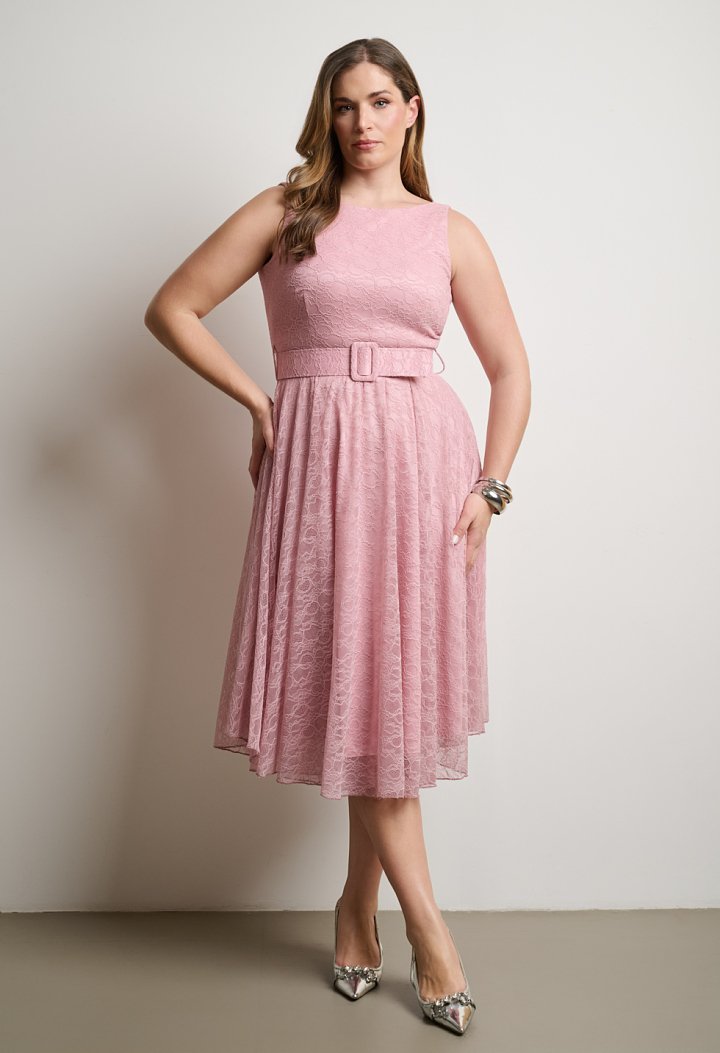 Lace midi dress with belt and V back