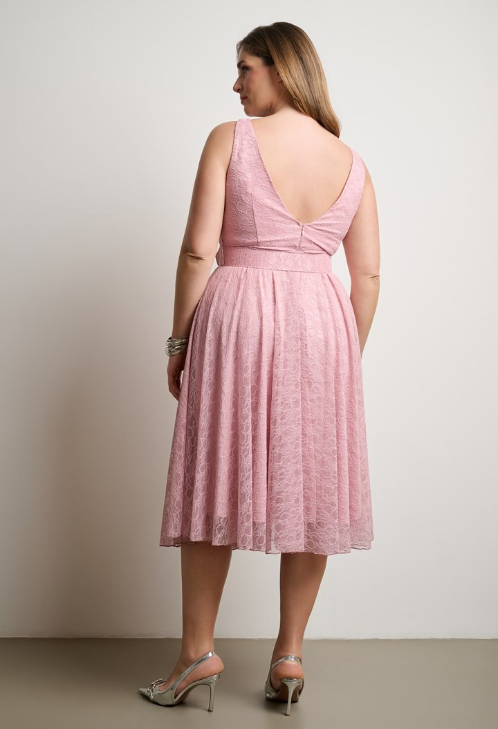 Lace midi dress with belt and V back