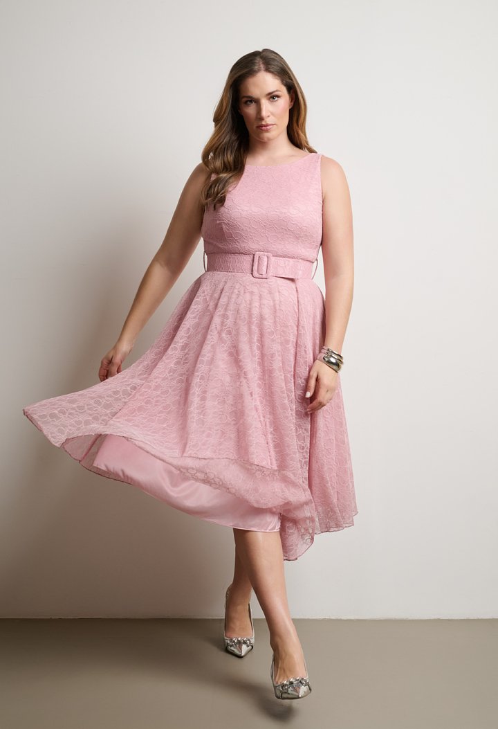 Lace midi dress with belt and V back