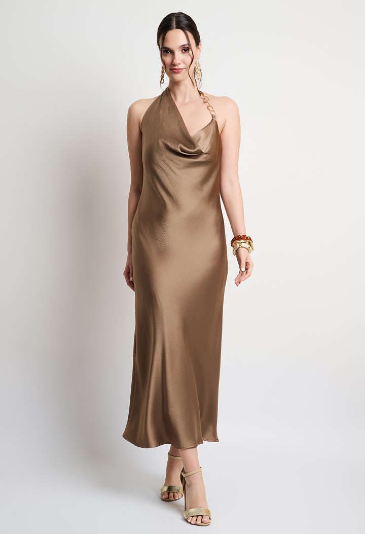 Satin midi dress with a halter neckline