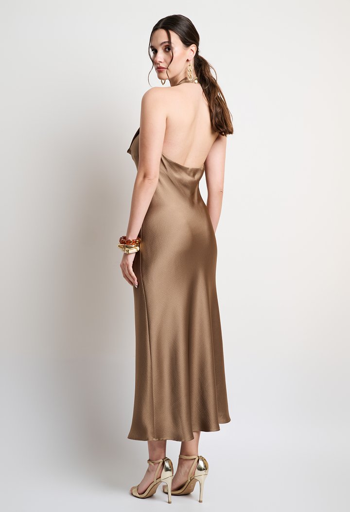 Satin midi dress with a halter neckline