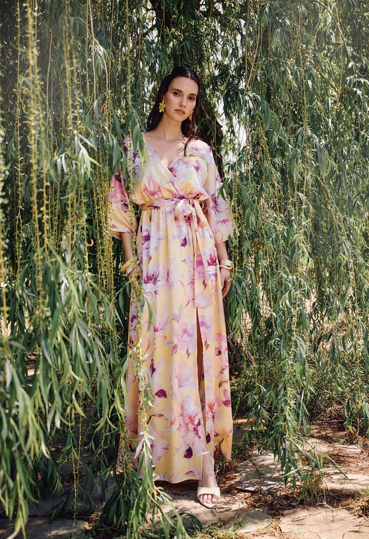 Floral maxi κρουαζέ φόρεμα με ζώνη