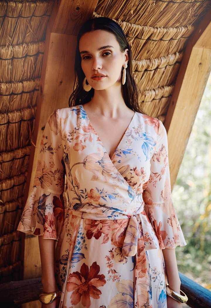 Floral midi κρουαζέ φόρεμα με ζώνη