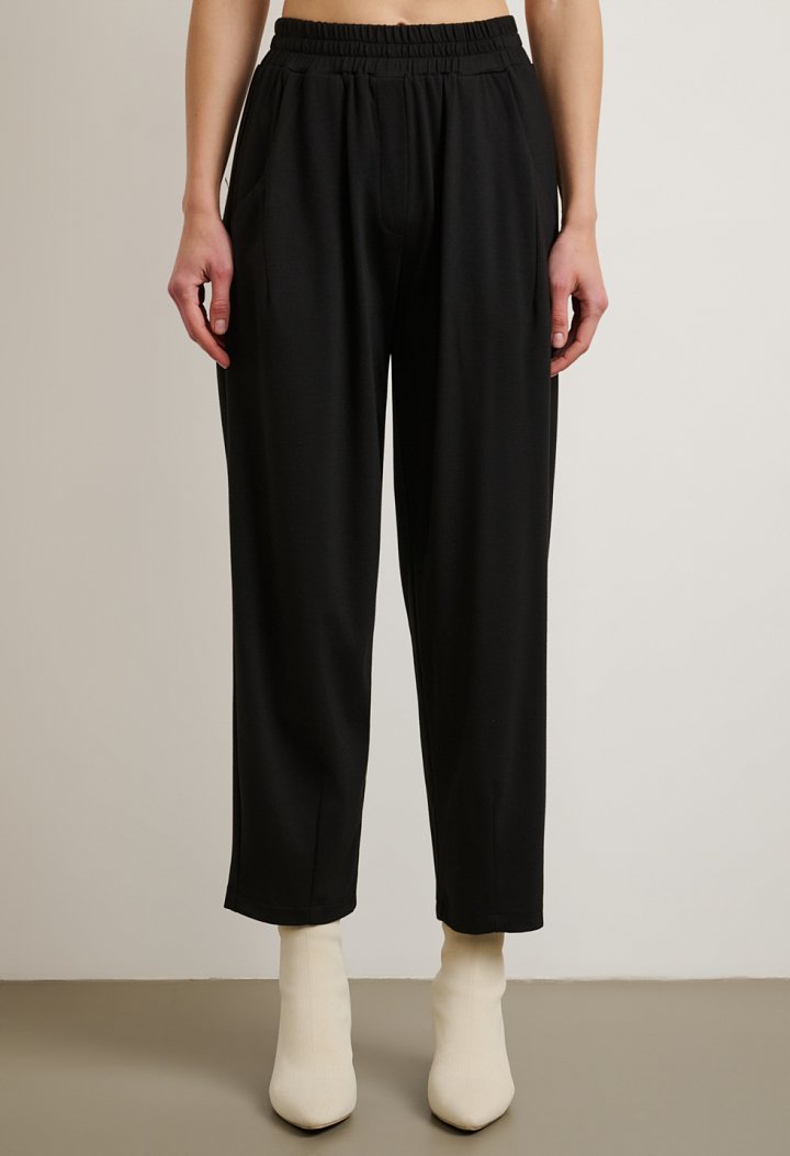 Tie-front blouse and barrel-leg trousers set