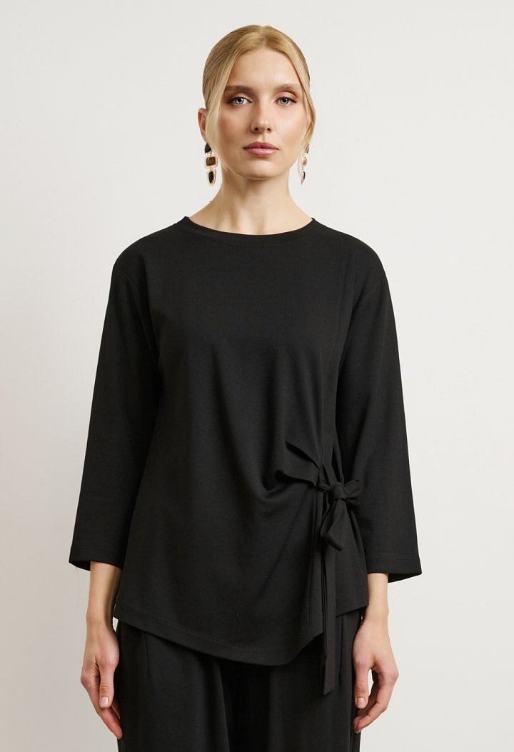 Tie-front blouse and barrel-leg trousers set