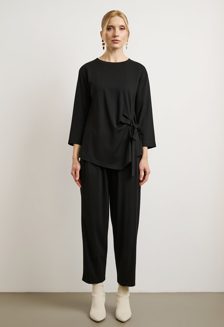 Tie-front blouse and barrel-leg trousers set