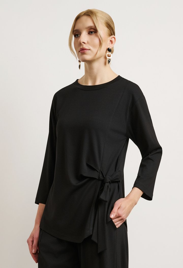 Tie-front blouse and barrel-leg trousers set